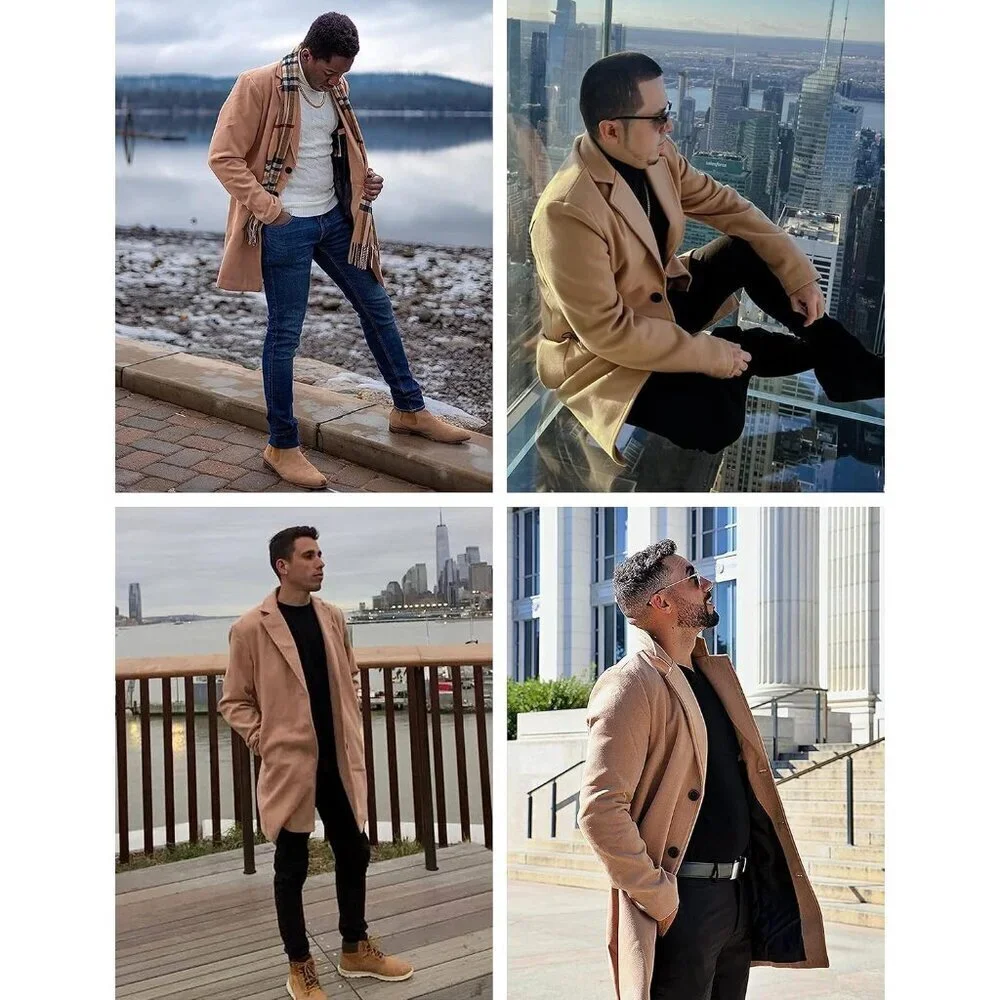 Men's Khaki Wool Blend Pea Coat Notched Collar Single Breasted Overcoat